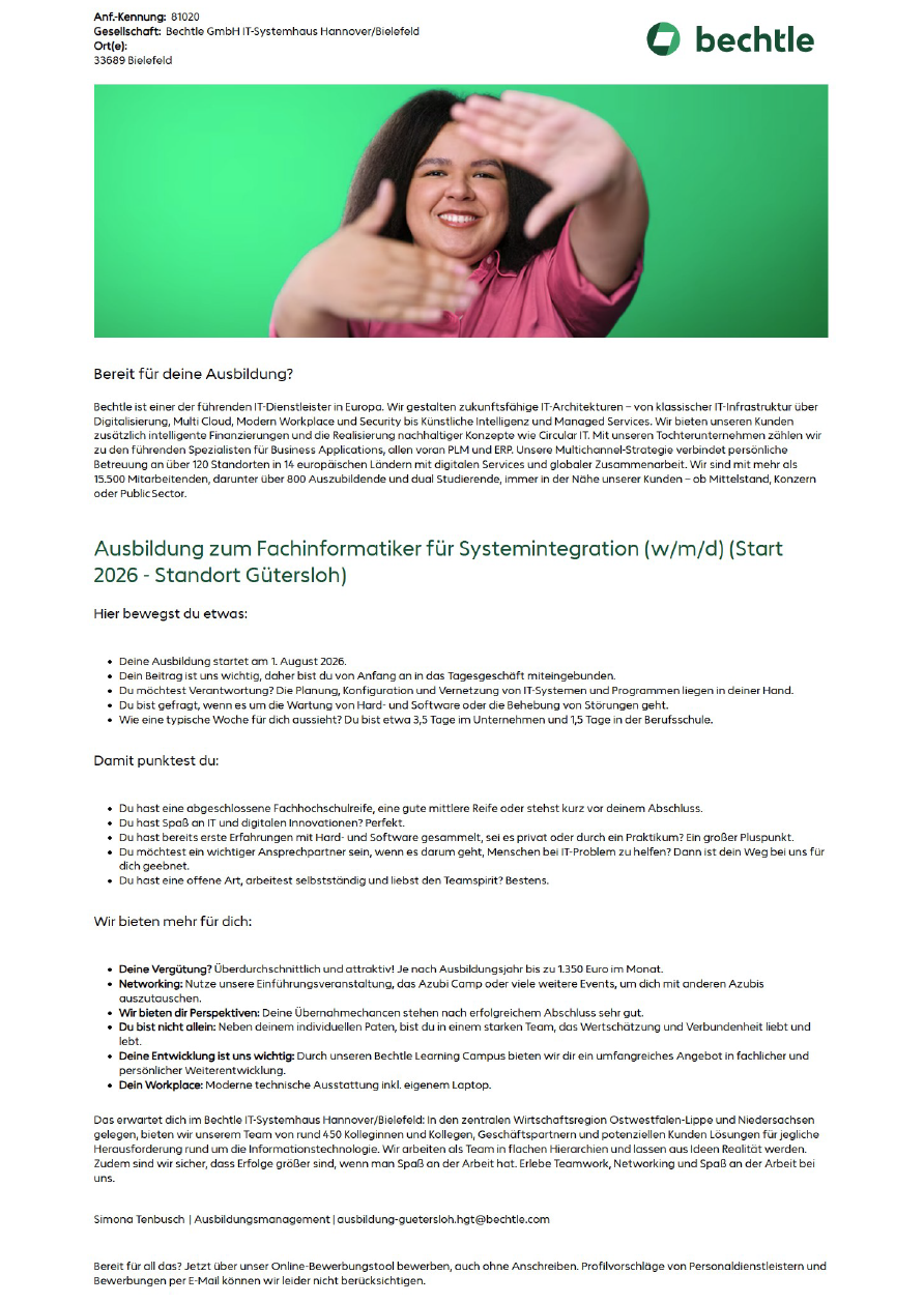 Bechtle IT-Systemhaus Bielefeld GmbH: Ausbildung zum Kaufmann für IT-Systemmanagement (w/m/d)