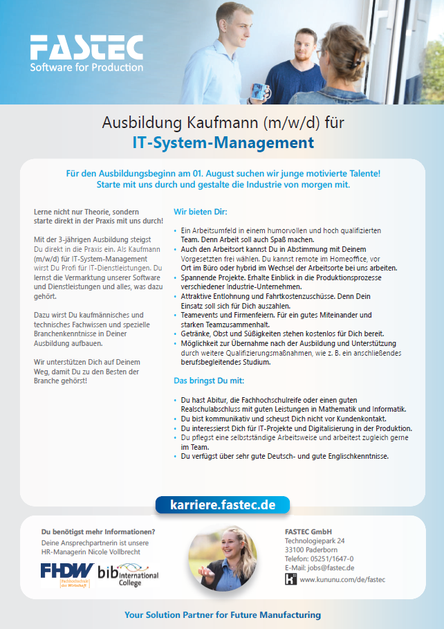 FASTEC GmbH: Ausbildung zum Kaufmann (m/w/d) IT-System-Management