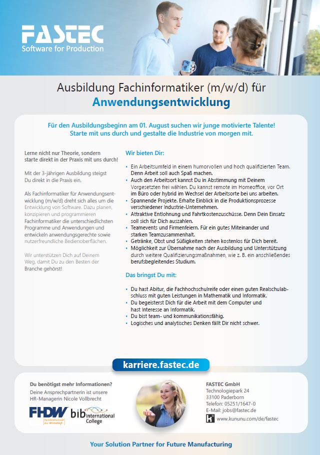 FASTEC GmbH: Ausbildung zum Fachinformatiker (m/w/d) Anwendungsentwicklung