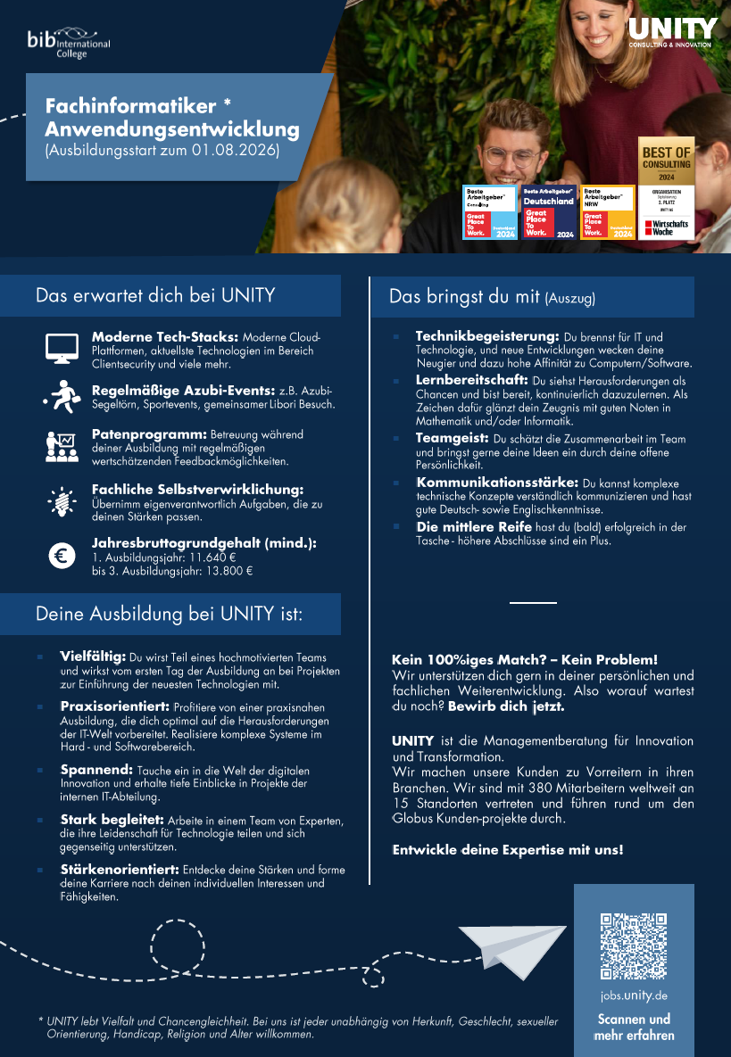 UNITY AG: Auszubildender zum Fachinformatiker (m/w/d) Anwendungsentwicklung