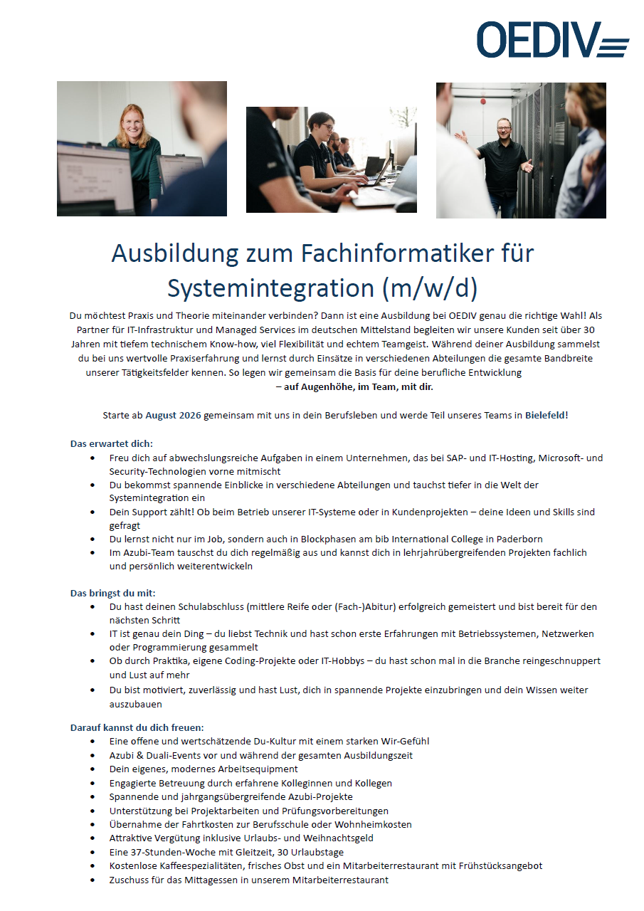 OEDIV Oetker Daten- und Informationsverarbeitung KG: Ausbildung zum Fachinformatiker (m/w/d) Systemintegration