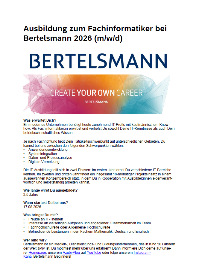 Bertelsmann SE & Co. KGaA: Ausbildung zum Fachinformatiker (m/w/d)
