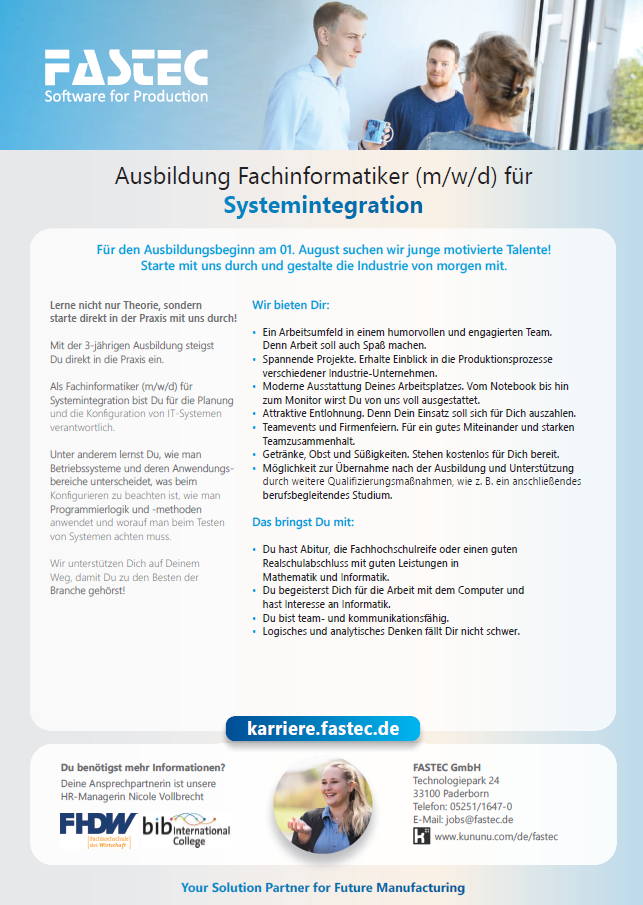 FASTEC GmbH: Ausbildung zum Fachinformatiker (m/w/d) Systemintegration