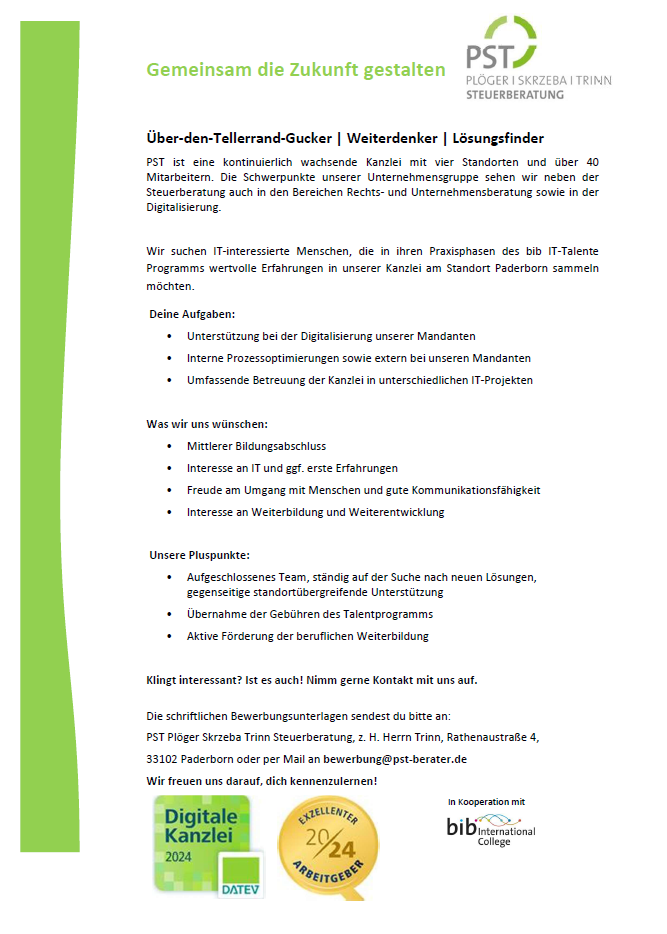 PST Plöger | Skrzeba | Trinn Steuerberatung: bib IT Talente – Fachabi in der Informatik mit Praxispartner (m/w/d)