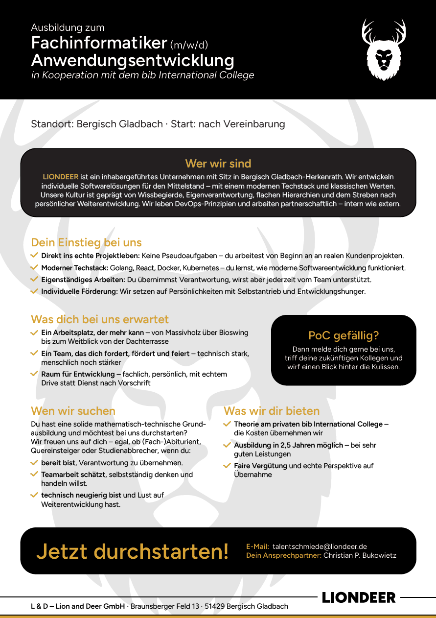 L & D – Lion and Deer GmbH: Ausbildung zum Fachinformatiker für Anwendungsentwicklung (w/m/d)