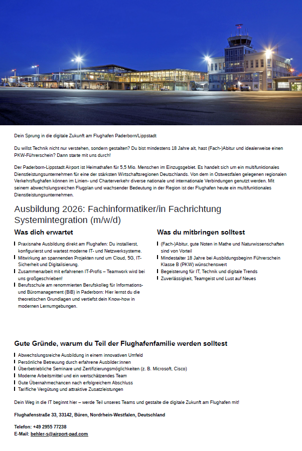 Flughafen Paderborn/Lippstadt GmbH: Ausbildung zum Fachinformatiker (m/w/d) Systemintegration