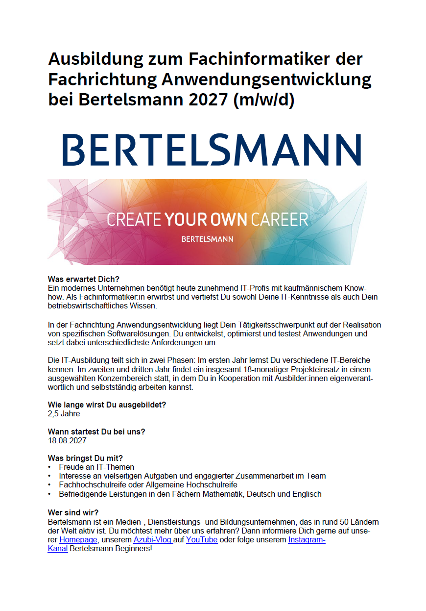 Bertelsmann SE & Co. KGaA: Ausbildung zum Fachinformatiker für Anwendungsentwicklung (m/w/d)