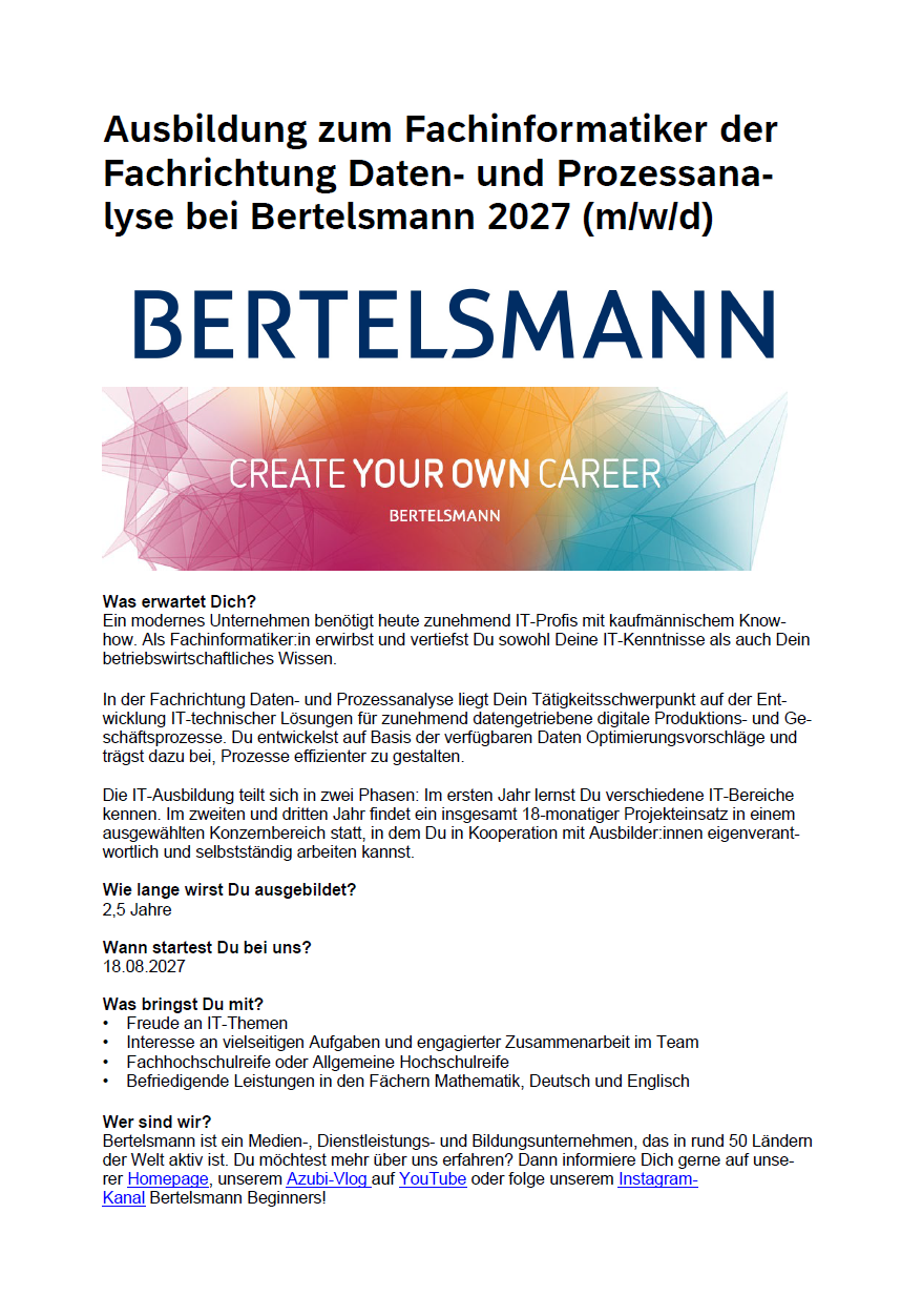 Bertelsmann SE & Co. KGaA: Ausbildung zum Fachinformatiker für Daten- und Prozessanalyse (m/w/d)