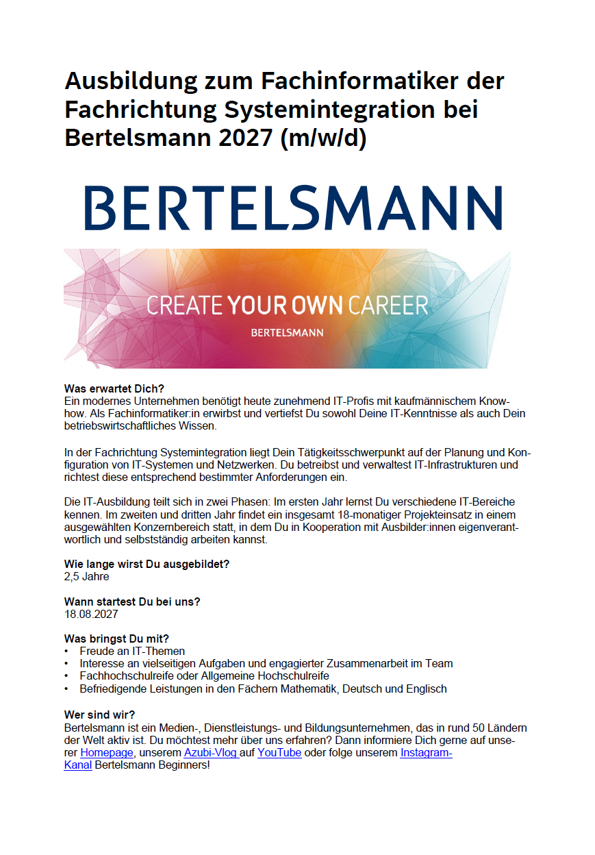 Bertelsmann SE & Co. KGaA: Ausbildung zum Fachinformatiker für Systemintegration (m/w/d)