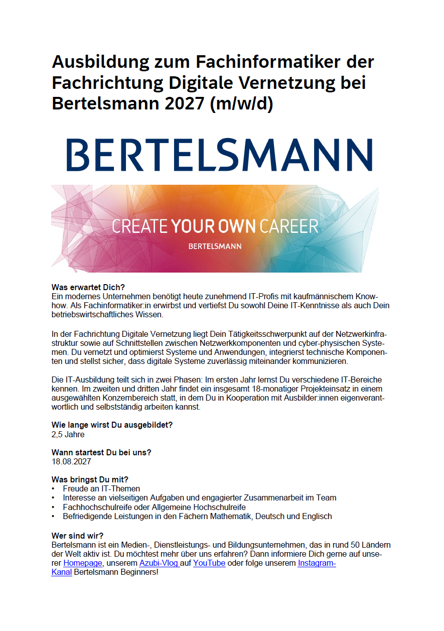 Bertelsmann SE & Co. KGaA: Ausbildung zum Fachinformatiker für Digitale Vernetzung (m/w/d)